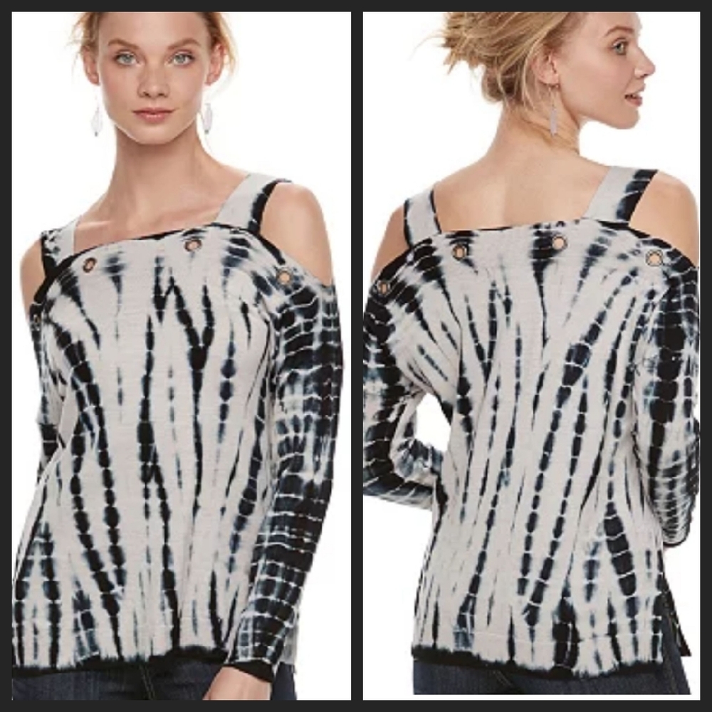 Rock & Republic Blue & Grey Tie Dye Cold Shoulder Knit Tunic Top Sweater Size M